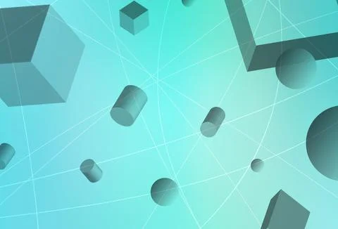 Light Green vector backdrop with 3D cubes, cylinders, spheres, rectangles. Illustrazione stock