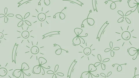 Light green wallpaper featuring cute suns, ribbons, and flowers sketches. Ideal  Stock Footage 334839368