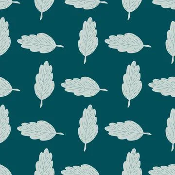 Light grey fall outline leaves ornament seamless pattern. Turquoise backgroun Stock Illustration