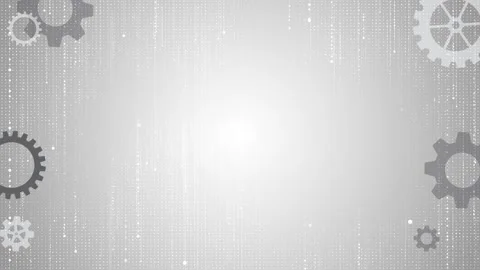 Light grey industrial technology gear silhouettes, falling dotted data, clean ce Stock Footage 340453832