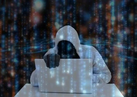 Light grey jumper hacker with out face doing something on the computer. Binary 스톡 일러스트