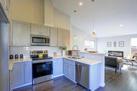 Light grey kitchen room interior with vaulted ceiling, grey cabinetry and sta Stock Photos
