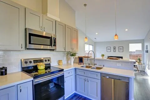 Light grey kitchen room interior with vaulted ceiling, grey cabinetry and sta Foto stock