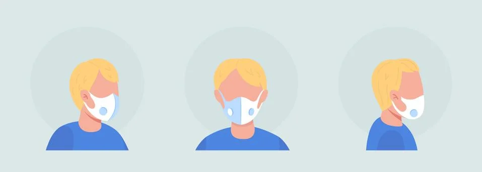 Light haired boy semi flat color vector character avatar with mask set Stock Illustration