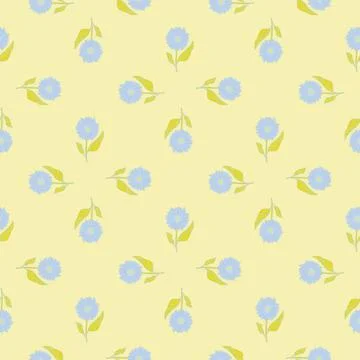 Light hand drawn seamless pattern with blue sunflowers elements. Yellow backg 스톡 일러스트