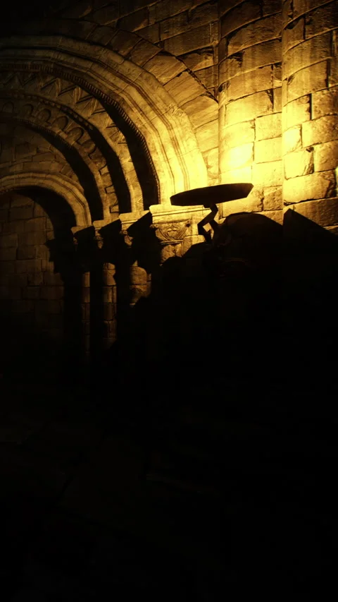 Light highlights stone structure in an ancient location at night Stock Footage 332230912