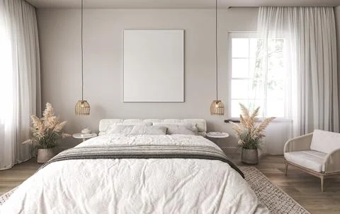 Light home interior wall mock up with white bed and dry plant in coastal bedroom Stock Illustration