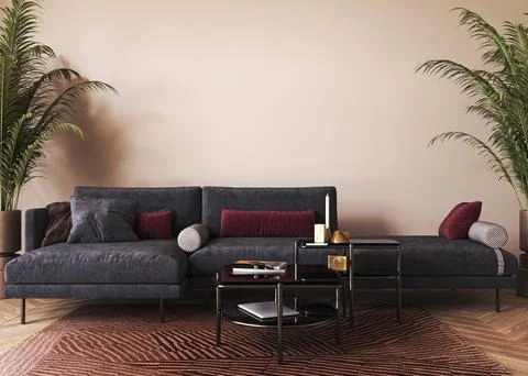 Light house interior design with black sofa, table and decor in coastal living Illustrazione stock