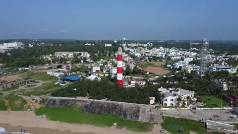 Light house tower, iconic lighthouse on indian coastline. Stockbeeldmateriaal 300296451
