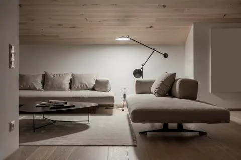 Light illuminated interior with sloping wooden ceiling Stock-Fotos