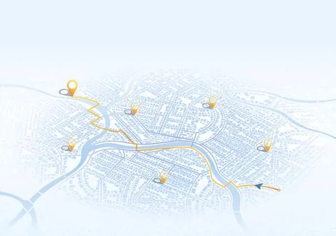 Light isometric city map with orange navigation route and yellow location pins Stock Illustration