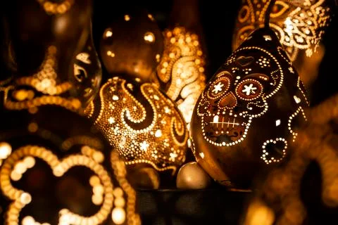 Light lamp built with dried pumpkins and skull decoration Stock Photos