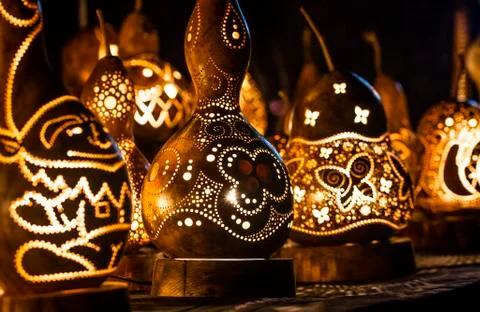 Light lamp built with dried pumpkins Stock Photos