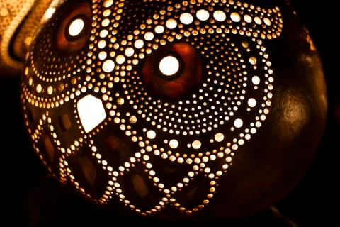 Light lamp built with dried pumpkins with owl decoration Stock Photos