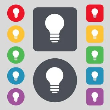 Light lamp, Idea icon sign. A set of 12 colored buttons. Flat design. Vector Stock Illustration
