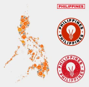 Light Lamp Mosaic Philippines Map and Distress Seals Stock Illustration