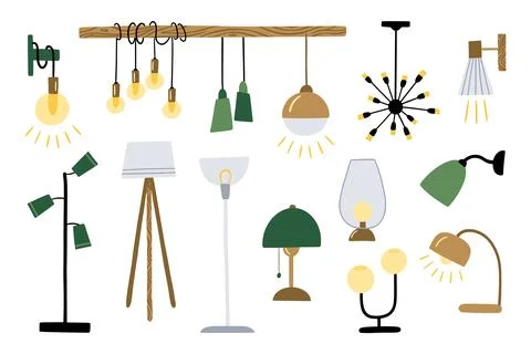 Light lamps, chandeliers set. Ceiling pendant home interior objects, modern Stock Illustration