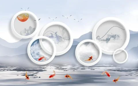Light landscape background, reflection in water, large white rings and goldfish Stock Illustration
