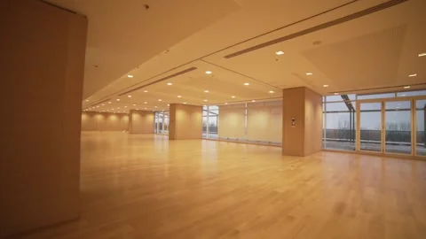 Light large empty hall with big windows with white frames. Big and light empty Stock Footage 171984584