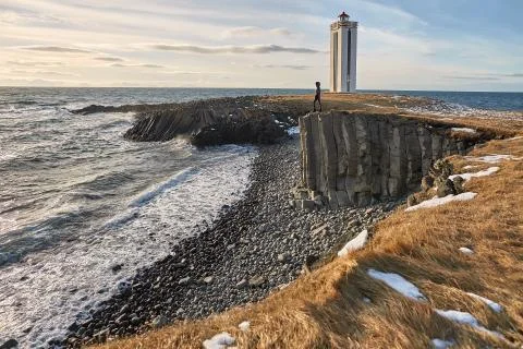 Light lighthouse on promontory Stock-Fotos