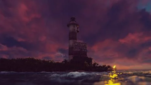The light of the lighthouse rotates over the coast at sunset. 3D Rendering Stock Illustration