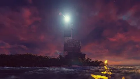 The light of the lighthouse rotates over the coast at sunset. 3D Rendering Stock Illustration