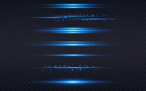 Light lines. Blue horizontal lights set. Neon glowing elements with particles Illustrazione stock