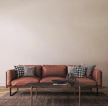 Light living room interior in loft with leather large sofa and decor. White wall Illustrazione stock