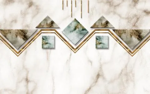 Light marble background, broken golden line, dark marble geometric figures Stock Illustration