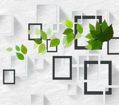 Light marble background, gray and white frames, flying green leaves Stock Illustration