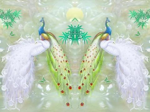 Light marble background, mirrored white and colorful peacocks, green bamboo Stock Illustration