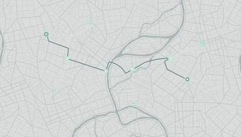 Light minimalist city map layout with navigation route path and connecting nodes Stock Illustration