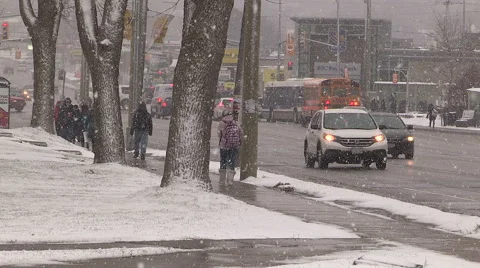 Light to moderate pretty snow and windy in the the city on cold winter day. Stock Footage 44574181