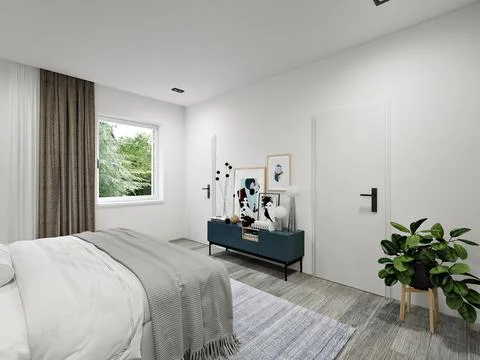 Light modern bedroom concept with king size bed, doors to bathroom and closet Stock Illustration
