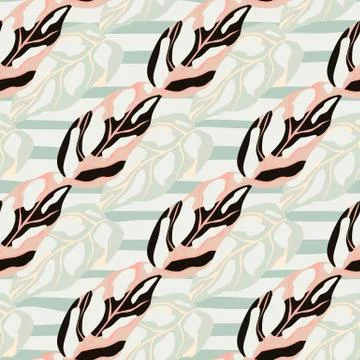 Light monstera silhouettes seamless pattern. Stripped pastel background with  스톡 일러스트
