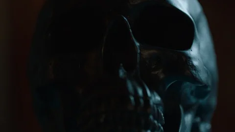 Light moving across front of silver cast skull Video stock 104616892