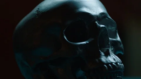 Light moving across silver cast skull Stock Footage 104616052