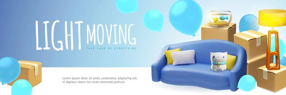 Light moving service 3D vector banner, cardboard boxes stack, sofa, lamp Stock Illustration
