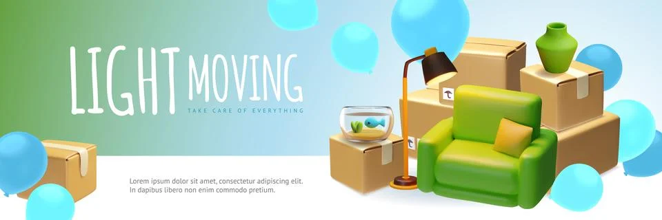 Light moving service 3D vector banner design, cardboard boxes stack, armchair 스톡 일러스트