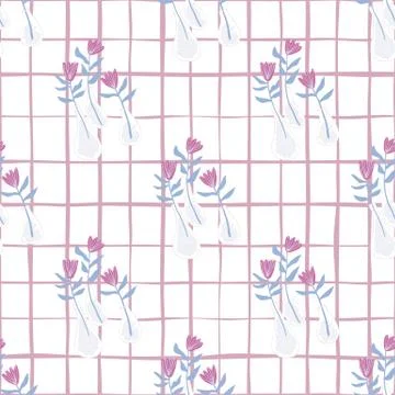 Light naive seamless pattern with flowers and vases. White background with ch Stock Illustration