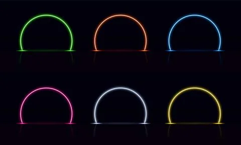 Light neon arch door different colors glowing on dark background, round led Stock Illustration