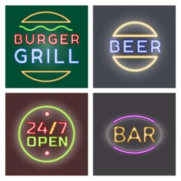 Light neon cards labels vector illustration font decorative symbols night bright Stock Illustration