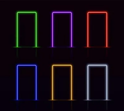 Light neon door different colors glowing on dark background, led luminous Stock Illustration
