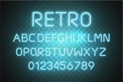 Light Neon Font Alphabet Vector . Glowing text effect. Neon tube blue letters Stock Illustration