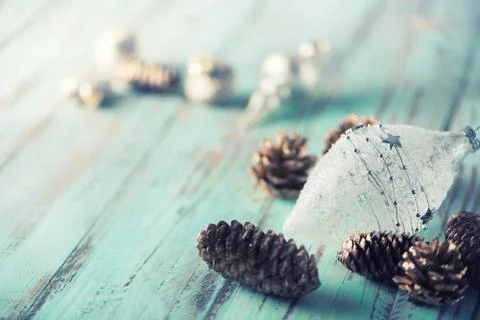 Light Nice Christmas decorated rustic background. Copy space greeting card Foto stock