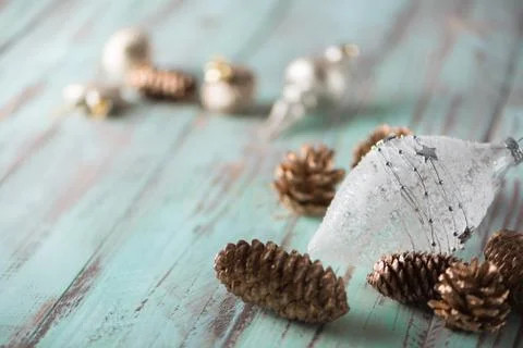Light Nice Christmas decorated rustic background. Copy space for card Stock Photos