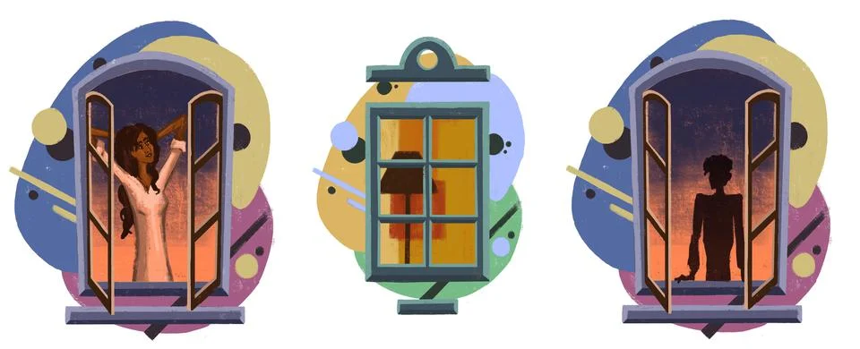 Light night windows of a multistory building with silhouettes Ilustración de archivo