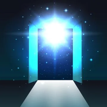 Light open double door of dark room, abstract mystical glowing exit, background Stock Illustration