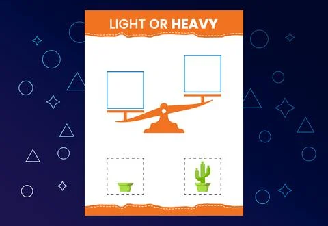 Light or heavy educational worksheet with scales. Heavier and lighter weigh.. Stock Illustration
