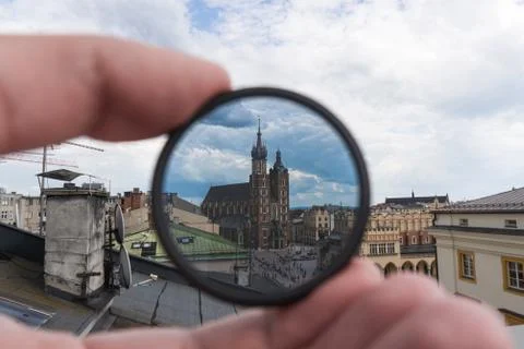 Light or optical filter with view of Church Bazylika Mariacka or towers of st Stock Photos